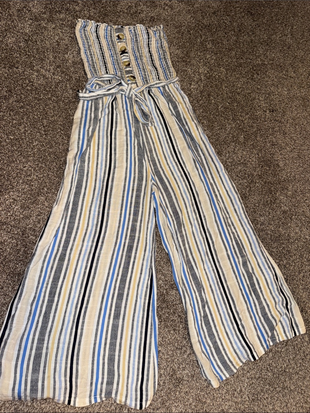 blue island Striped Strapless Wide-Leg Jumpsuit in Blue and Cream